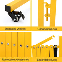 Barrière métallique extensible Garvee de 4,88 m (16 pi) avec roues pour chantiers et signalisation routière, jaune et noir, flexible et facile à assembler