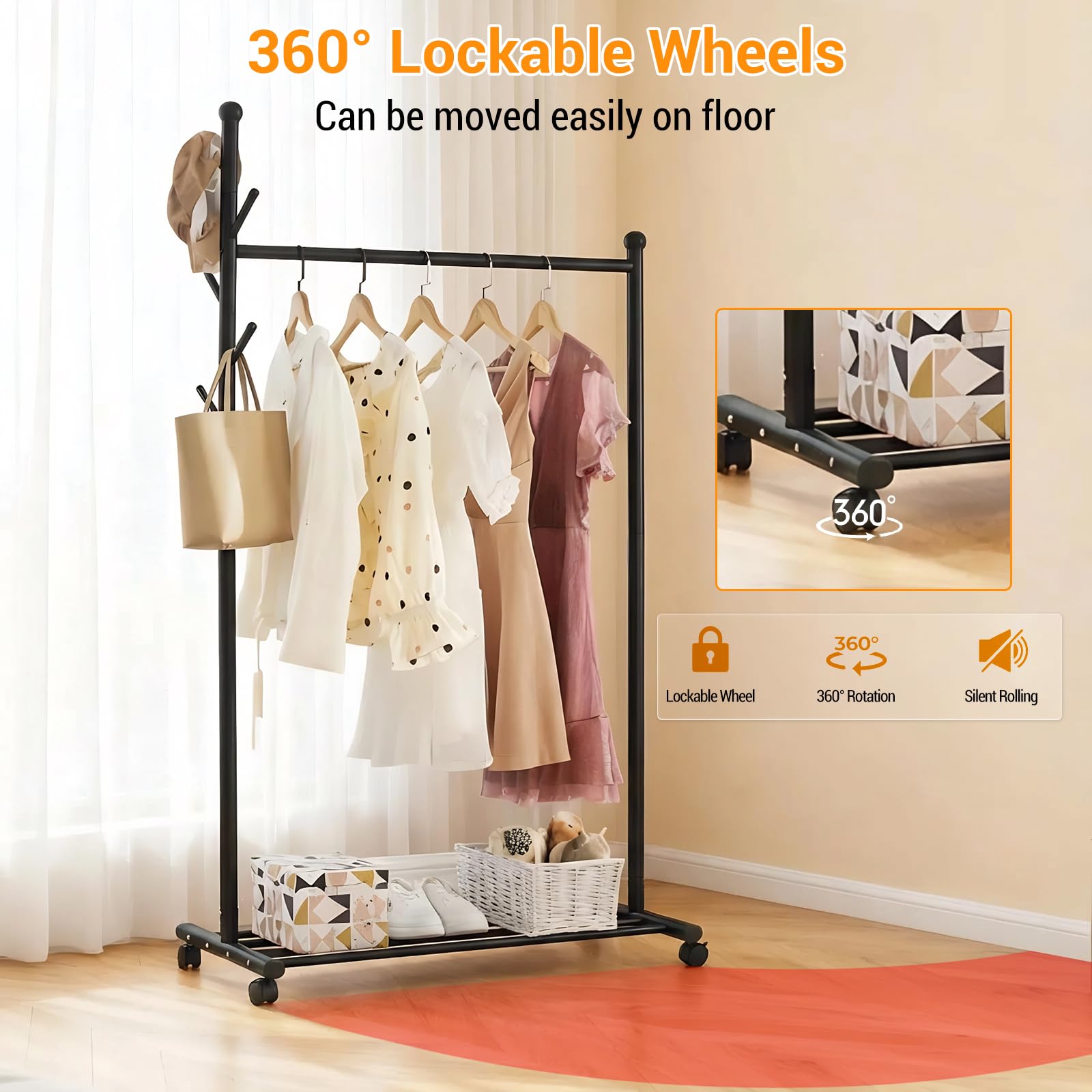 Portant à vêtements en métal Garvee avec roulettes, capacité de charge de 54 kg, roulettes pivotantes à 360°, métal durable, crochets pour chambre et salon, 105 x 43 x 170 cm, noir