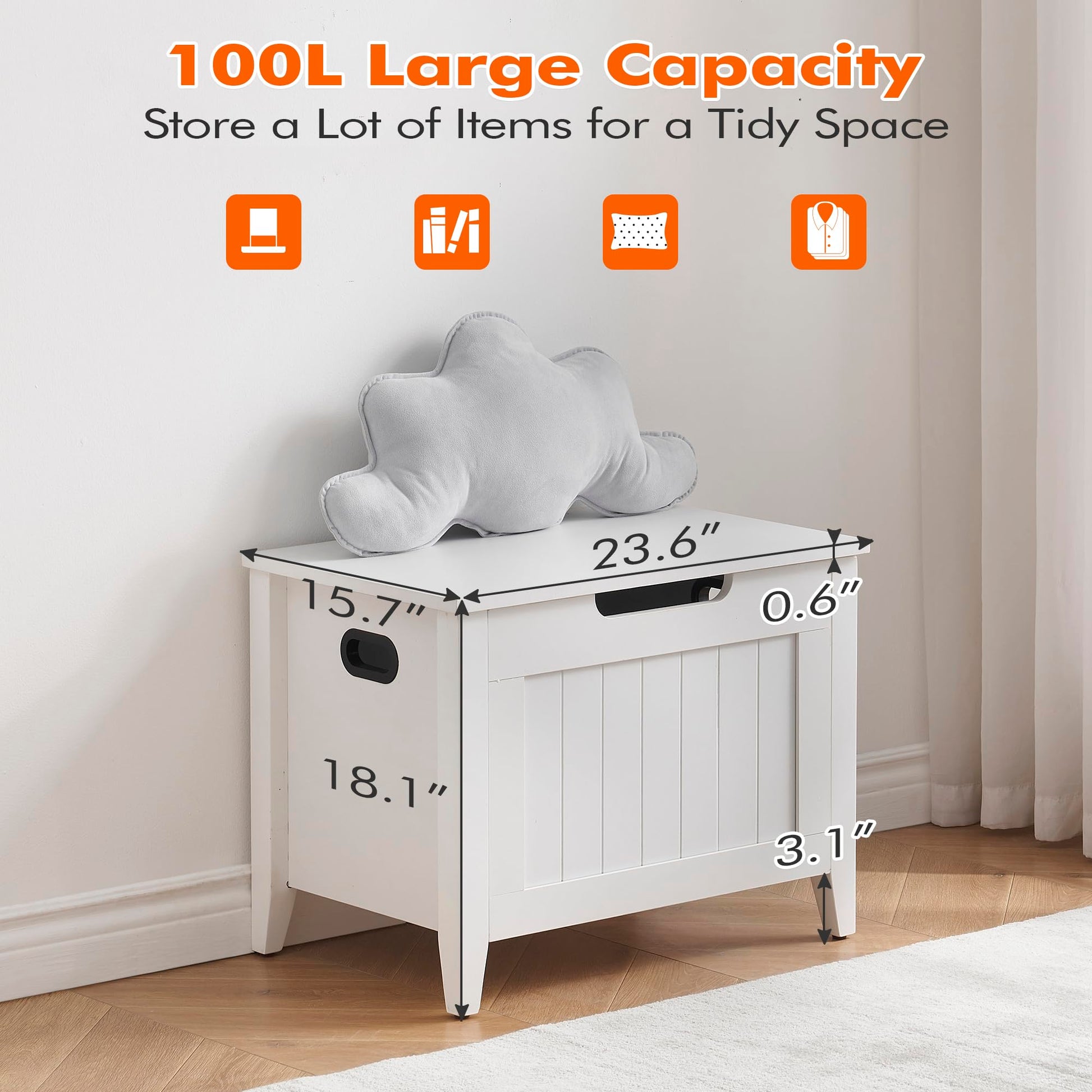 Banc de rangement Garvee avec charnières de sécurité, plateau rabattable de 60 cm, pieds en bois, blanc, pour entrée et salon