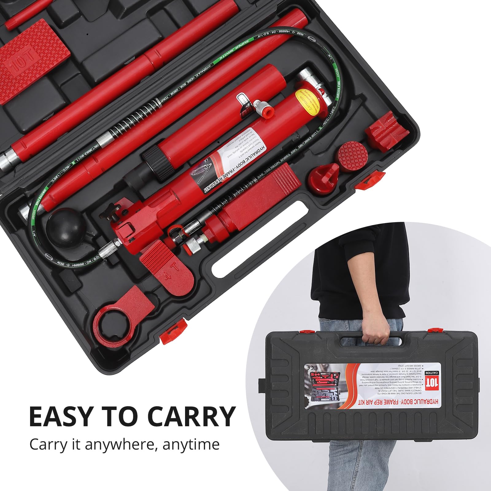 Kit de réparation complet Garvee Porta Power Kit 12T avec cric hydraulique, châssis en acier renforcé et mallette de transport. Idéal pour les ateliers et les chantiers. Robuste, polyvalent et compact.