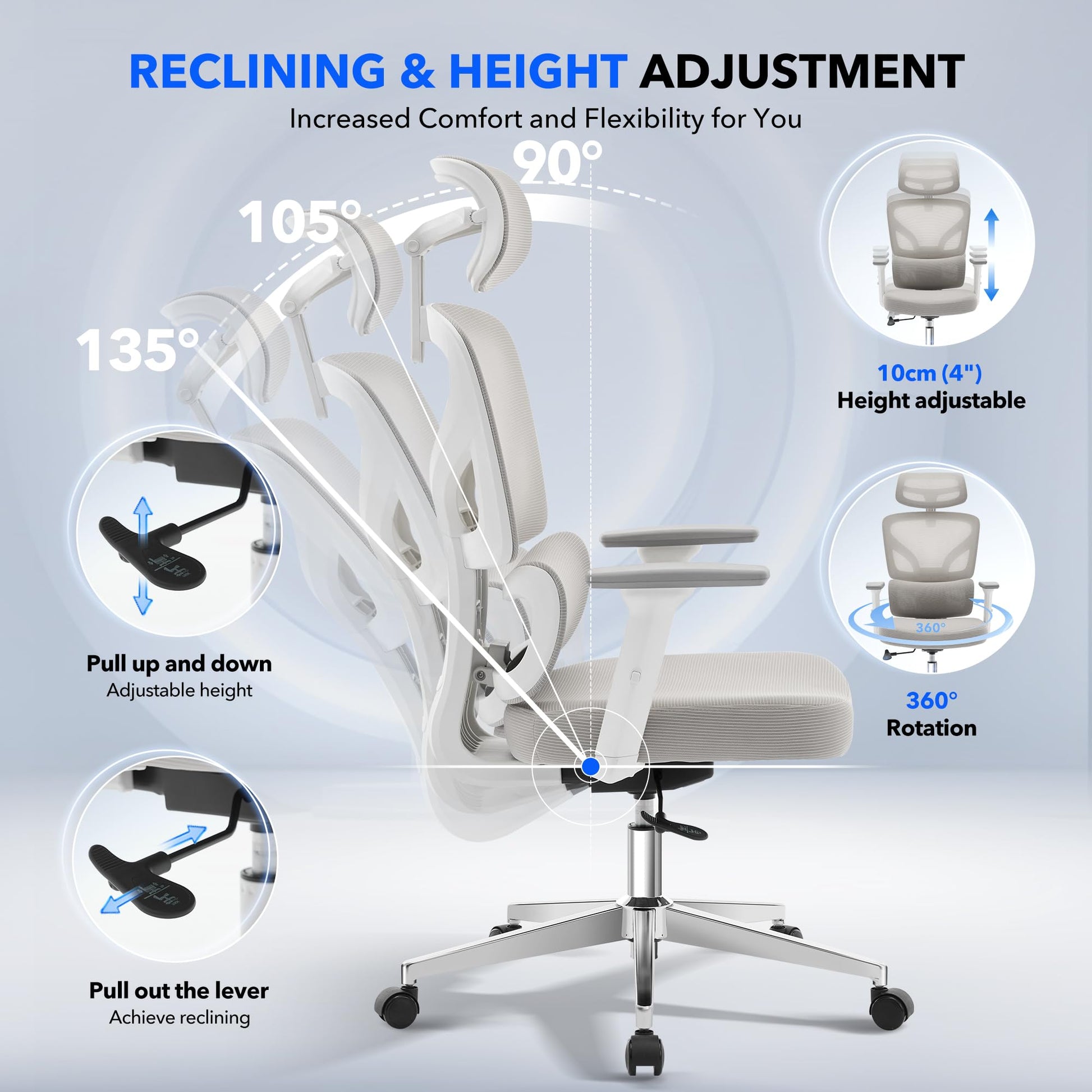 Chaise de bureau ergonomique Garvee en maille avec soutien lombaire réglable, accoudoirs 3D, structure en métal, hauteur réglable, noire, pour bureau à domicile