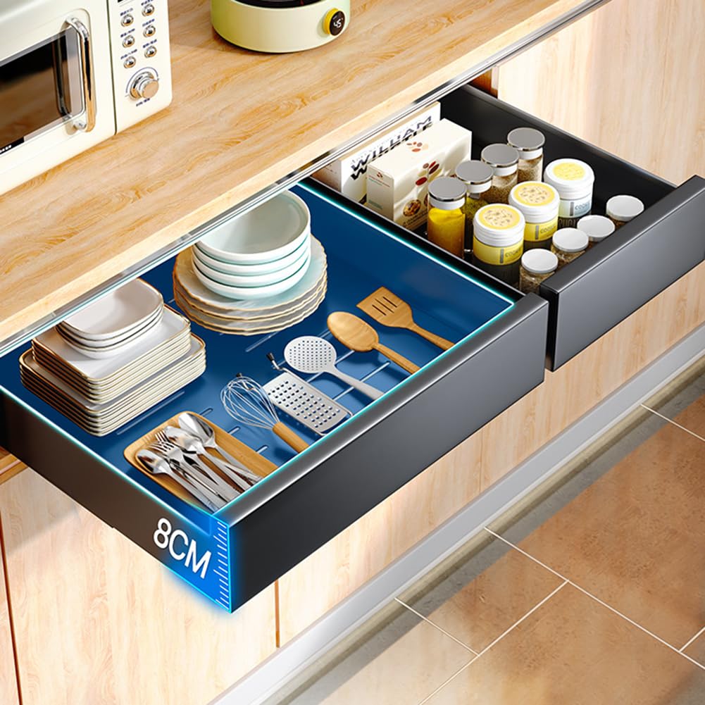 Organisateur de placard de cuisine extensible Garvee en acier au carbone, 25 cm de large, pour la cuisine et la salle de bain, silencieux, auto-adhésif, capacité de charge de 25 kg