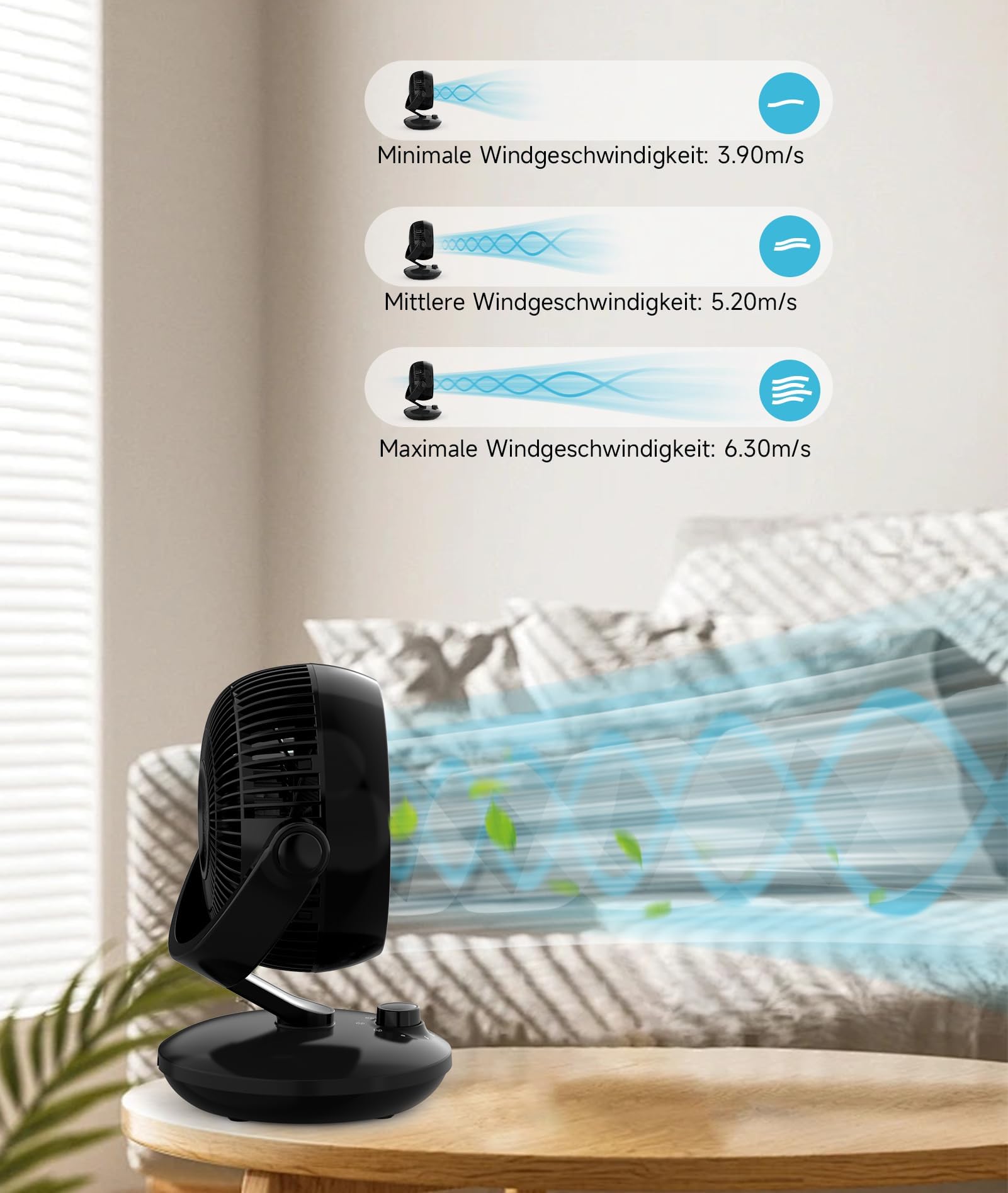 Ventilateur de table silencieux Garvee 24 dB avec oscillation 3D, circulation d'air turbo, 3 vitesses, noir, compact, pour bureau et chambre