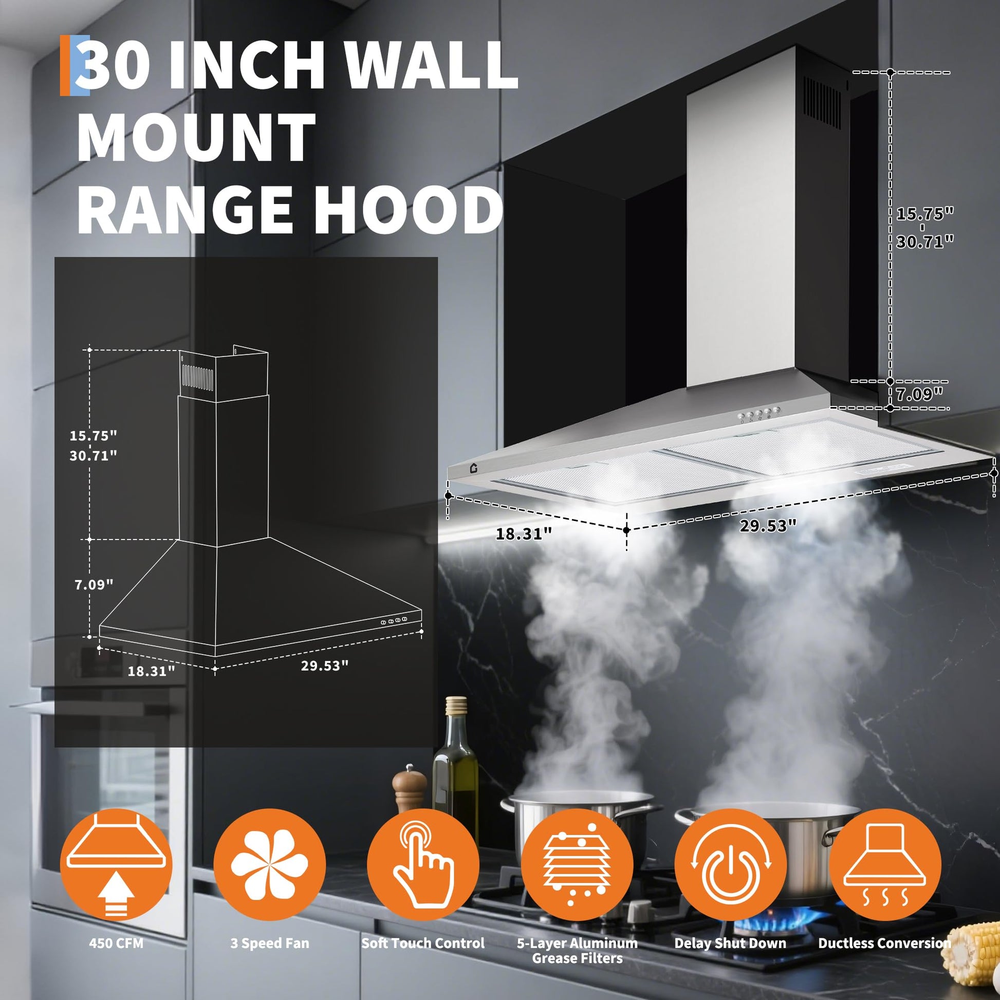 Hotte Garvee 76 cm (30 pouces) avec filtre en aluminium pour cuisine, 250 pi³/min (7 m³/min), commandes tactiles et télécommande, silencieuse, convertible, argent