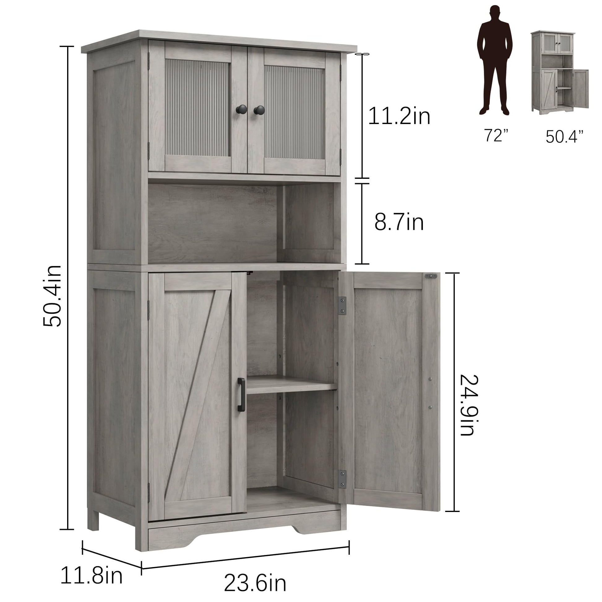 Armoire de salle de bain haute Garvee à 4 portes, étagères réglables, MDF, grise, pour cuisine et salon, autoportante, 60 x 30 x 128 cm