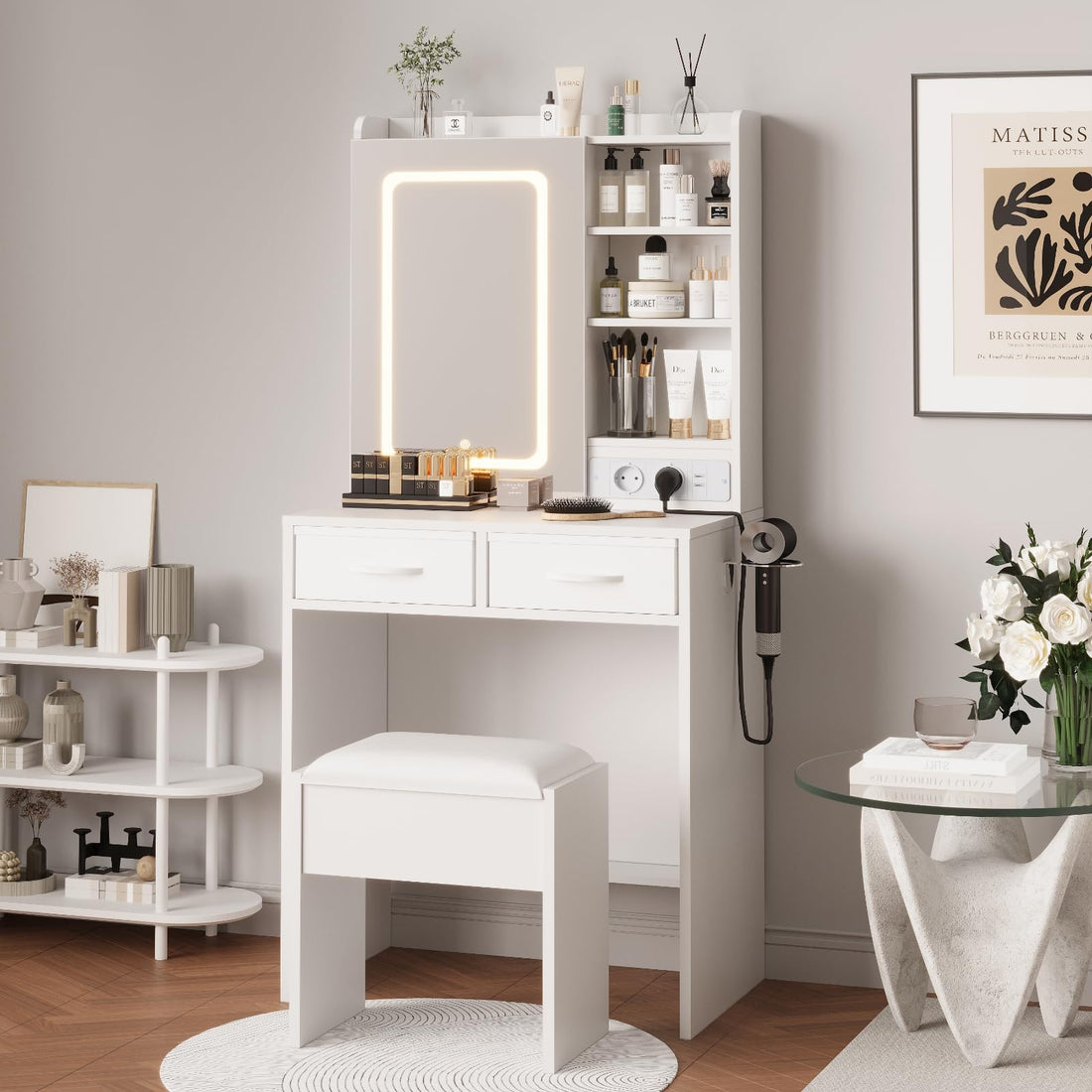 Coiffeuse Garvee avec éclairage LED et miroir, tabouret de rangement rembourré, 2 tiroirs, 3 compartiments, station de recharge, éclairage à intensité variable, blanc/noir/rose
