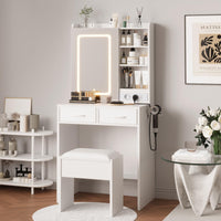 GARVEE Coiffeuse avec miroir LED et tabouret rembourré, 3 modes d’éclairage, charge intégrée et grands rangements, idéale pour chambre, blanc