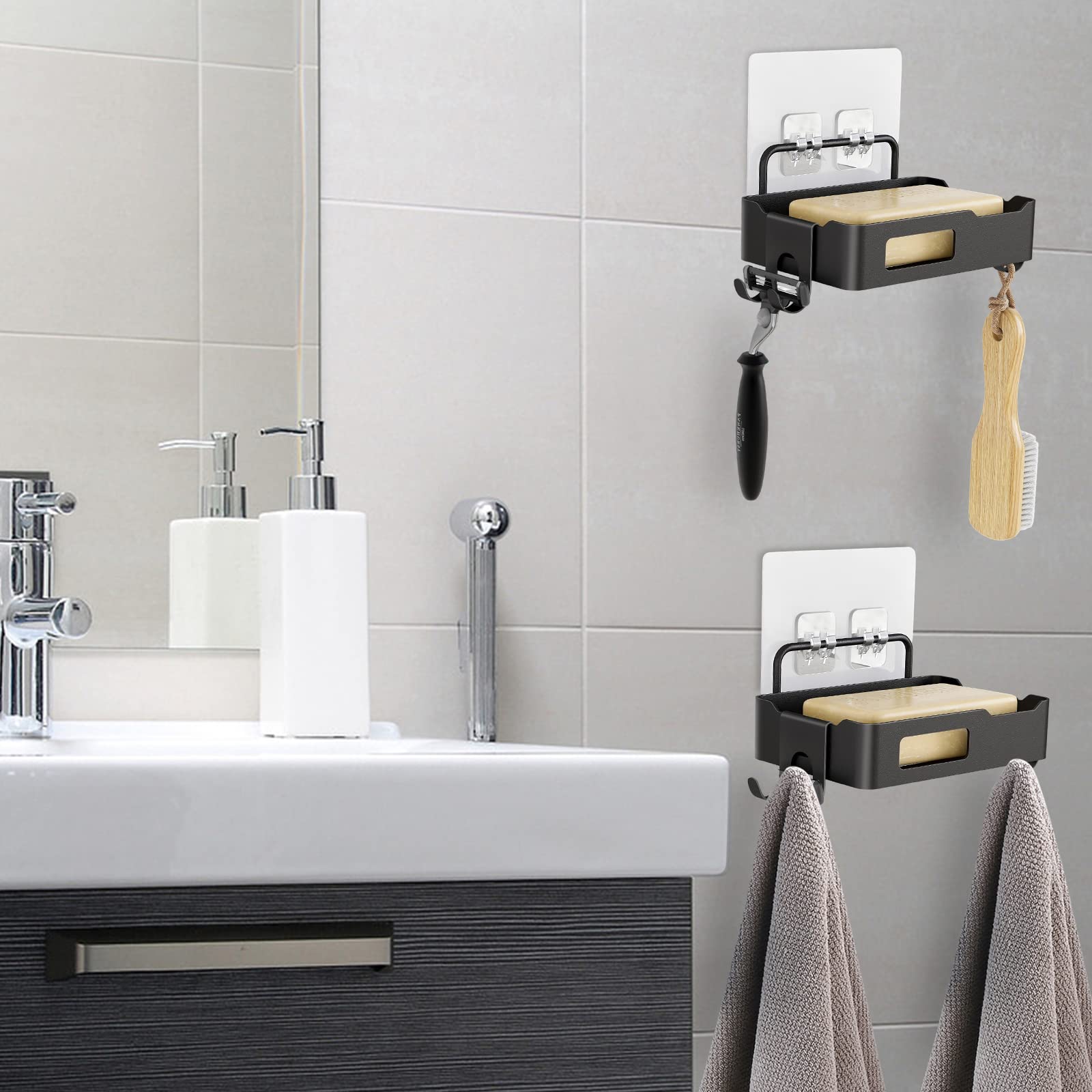 Porte-savon mural Garvee avec crochet, acier inoxydable, étanche et antirouille, pour salle de bain et cuisine, 12,5 x 8,5 x 3 cm, noir