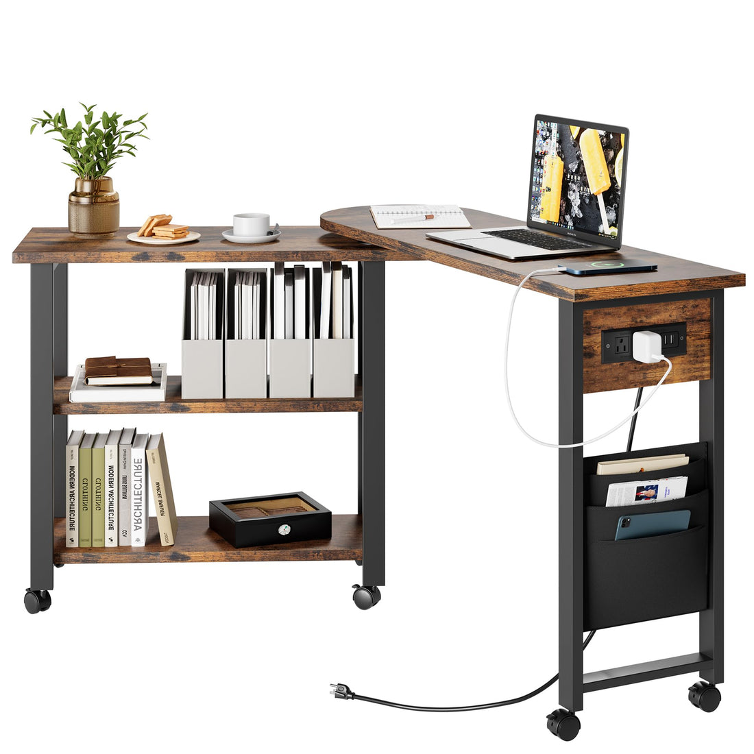 Table d'appoint pivotante à 360° Garvee avec station de charge, 6 roulettes, MDF et métal, salon et chambre, noire