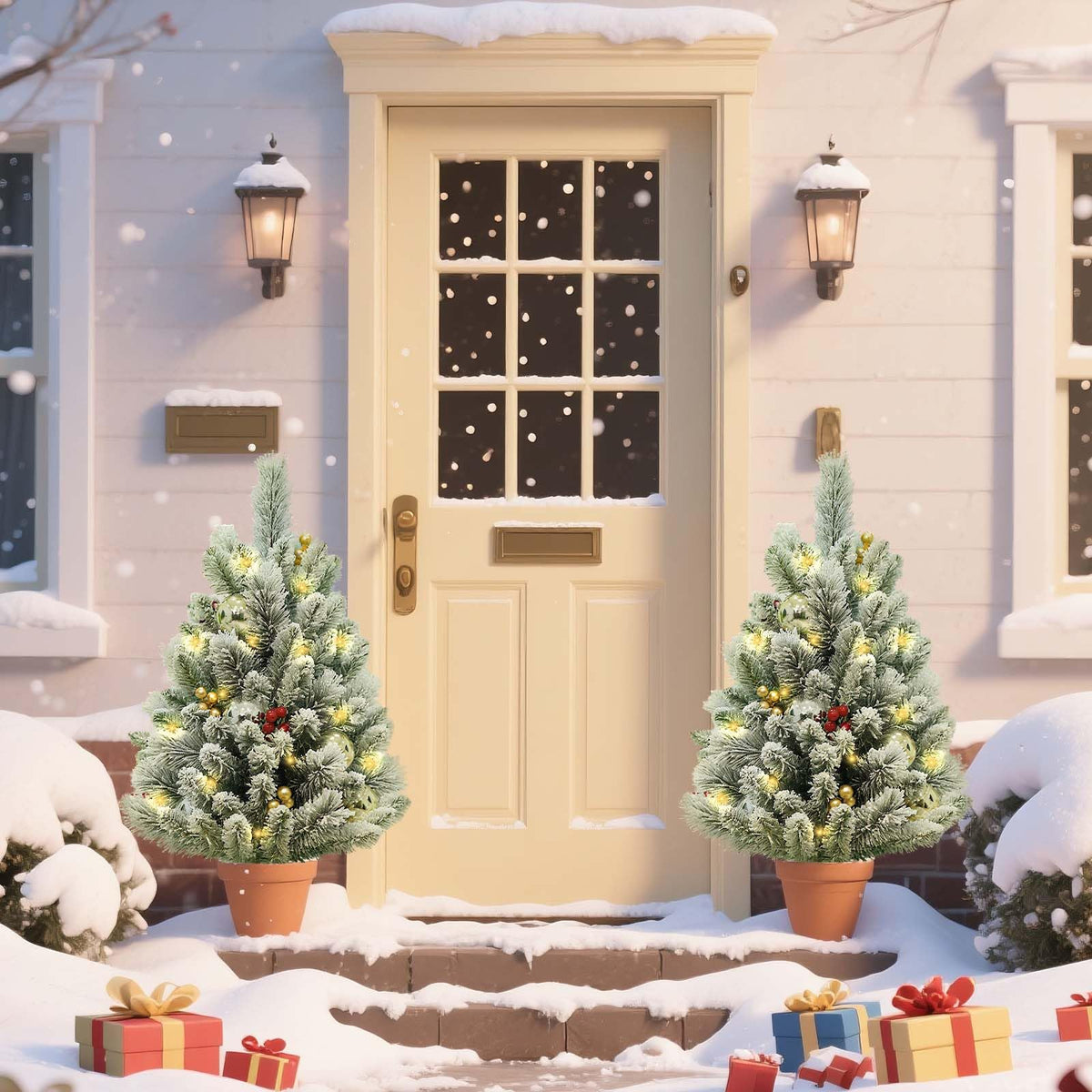 Garvee Lot de 2 sapins de Noël LED 75 cm, PVC effet neige floquée, avec baies rouges, boules dorées, décorations et lumières, pour intérieur et extérieur