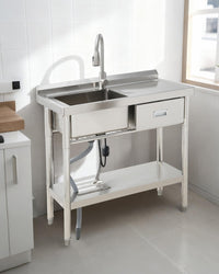 Garvee Évier utilitaire sur pieds 99 cm en acier inoxydable avec tiroirs, cuve simple, étagère inférieure, eau chaude/froide, argenté