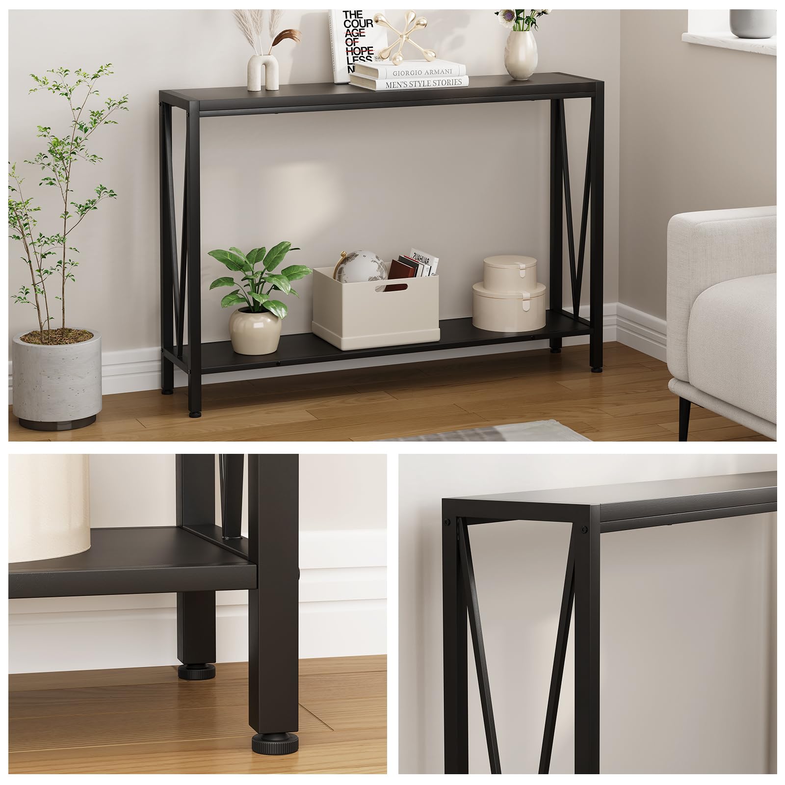 Garvee Console étroite 2 niveaux pour canapé, bois noir, compacte et robuste, 109 x 25 x 76 cm, idéale couloir, entrée et salon.