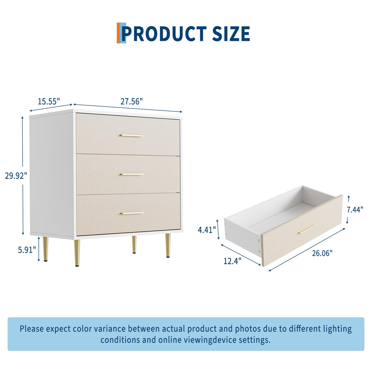 Commode élégante Garvee à 3 tiroirs, blanche avec détails dorés, pour chambre et salon, design minimaliste, construction robuste