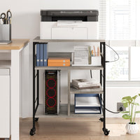 Support pour imprimante mobile Garvee grand format avec prises de courant et port USB, structure métallique à 4 niveaux, panneau MDF, roulettes avec freins, gris rustique, pour bureau et salon, 60 x 40 x 81 cm
