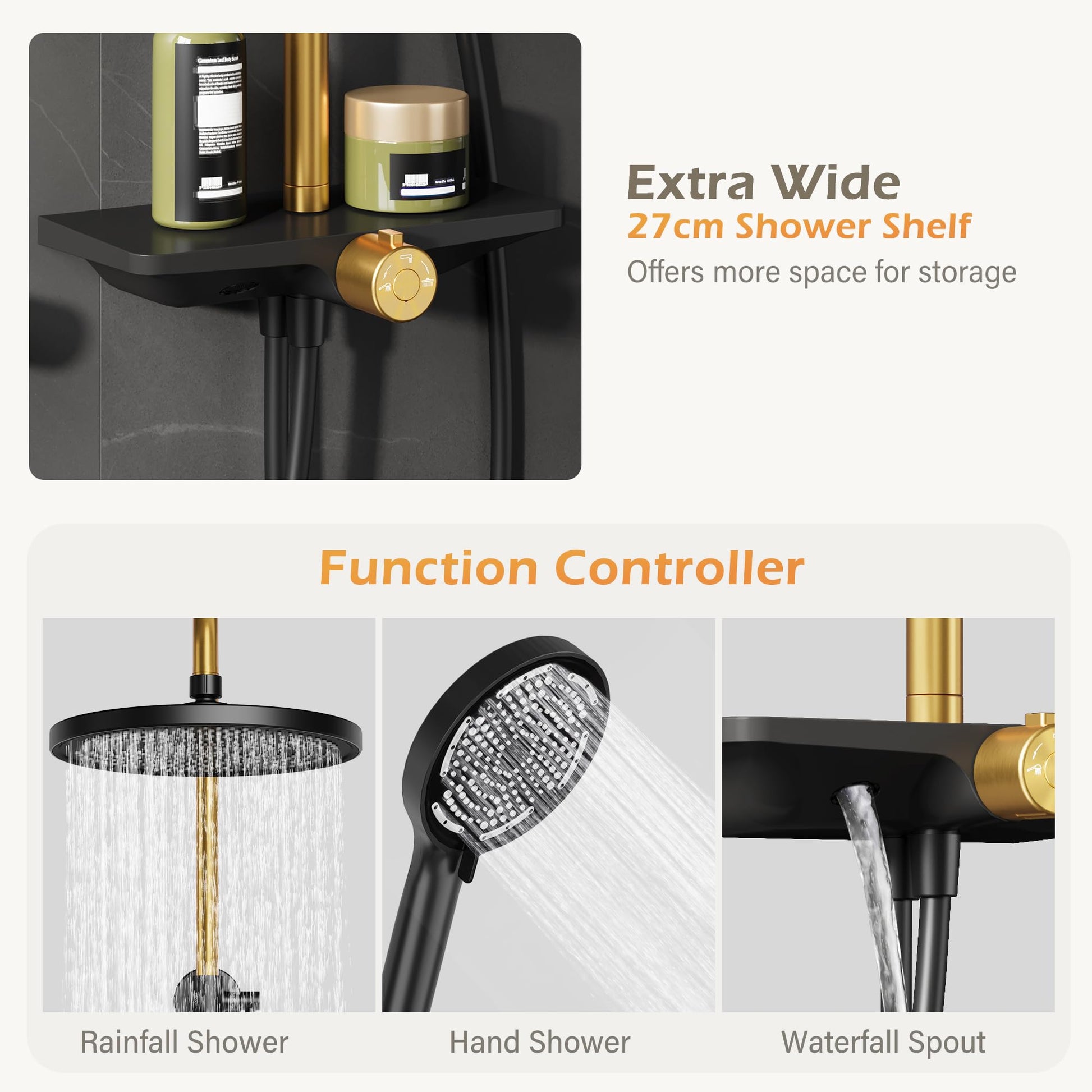 Garvee Colonne de douche réglable 3 sections en acier inoxydable 201, pommeau 24,5 cm, douchette 3 jets, design concave en TPR, doré et noir