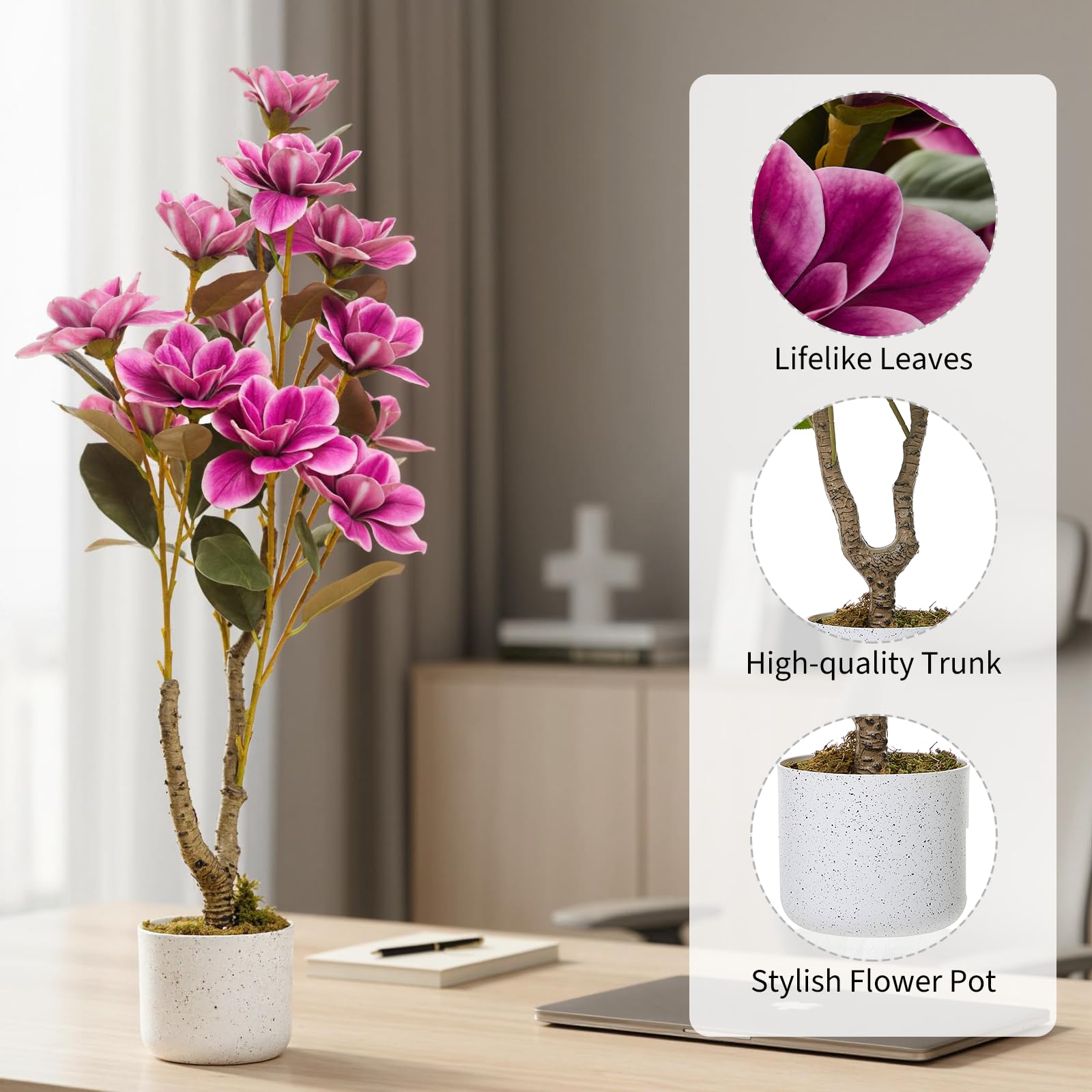 Ensemble de 2 magnolias artificiels Garvee de 94 cm (37 po) avec pot blanc, idéal pour la maison et le bureau. Facile d'entretien, stable et réaliste.