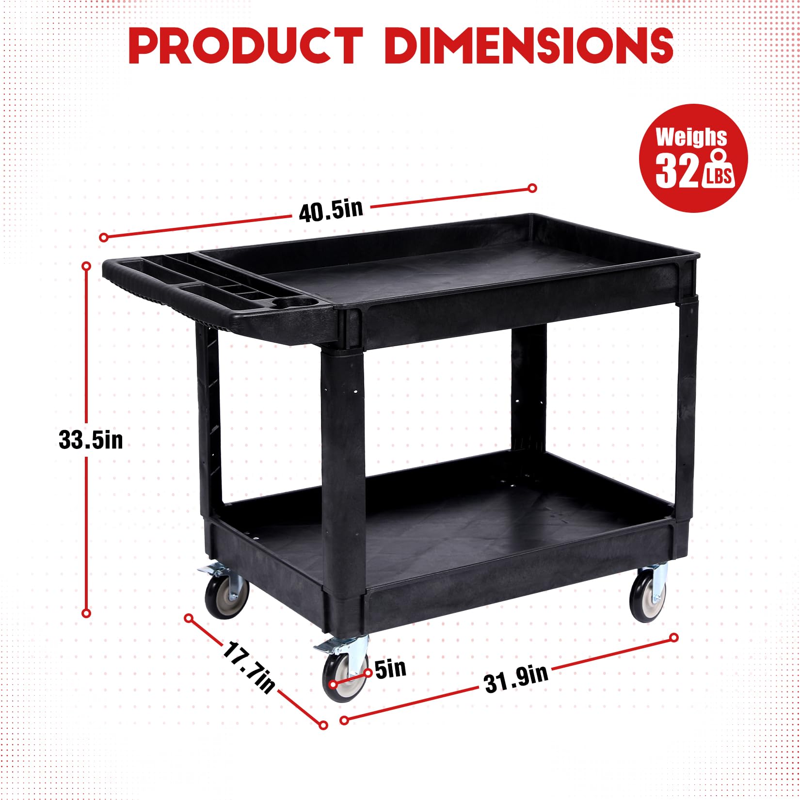 Chariot utilitaire Garvee à 2 niveaux, capacité de charge de 250 kg, roues pivotantes à 360°, plastique PEHD, poignée ergonomique pour entrepôt, atelier, garage, noir