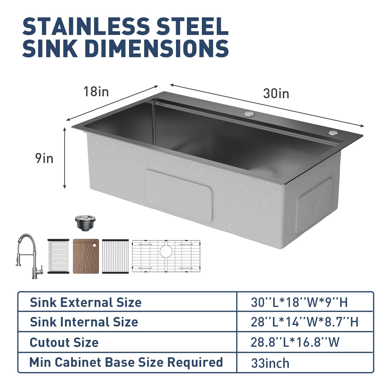 Évier à encastrer Garvee en acier inoxydable gris argenté, 76,2 x 45,7 cm, profondeur 22,9 cm – 1 cuve avec ensemble d'accessoires pour cuisine et bar