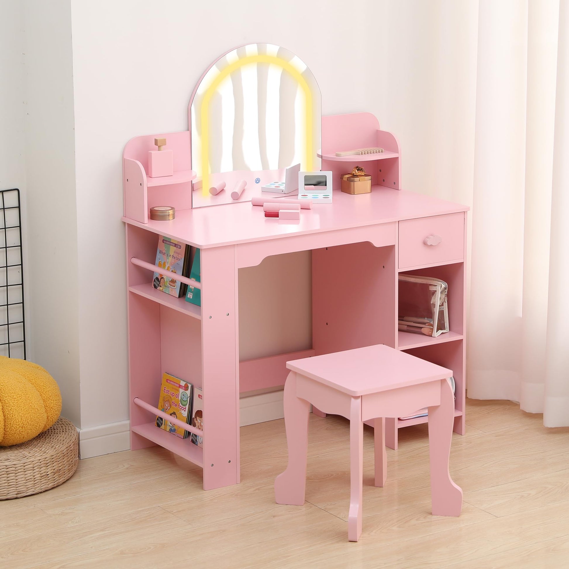 Coiffeuse Garvee pour enfants avec miroir lumineux et tabouret, MDF, éclairage LED, espace de rangement, pour filles de 3 à 9 ans, chambre et salle de jeux, blanc