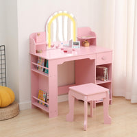 Coiffeuse Garvee pour enfants avec miroir lumineux et tabouret, MDF, éclairage LED, espace de rangement, pour filles de 3 à 9 ans, chambre et salle de jeux, blanc
