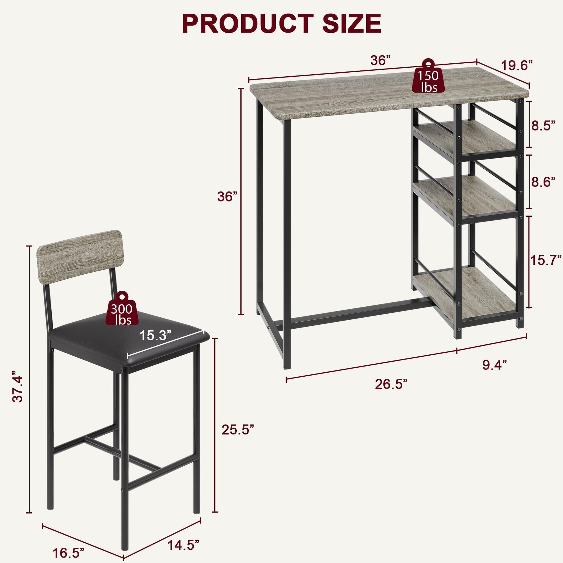 Garvee Ensemble table de bar avec 2 chaises rembourrées et 3 étagères de rangement, pour petits espaces et appartement, gris