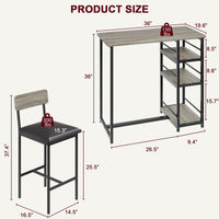 Garvee Ensemble table de bar avec 2 chaises rembourrées et 3 étagères de rangement, pour petits espaces et appartement, gris