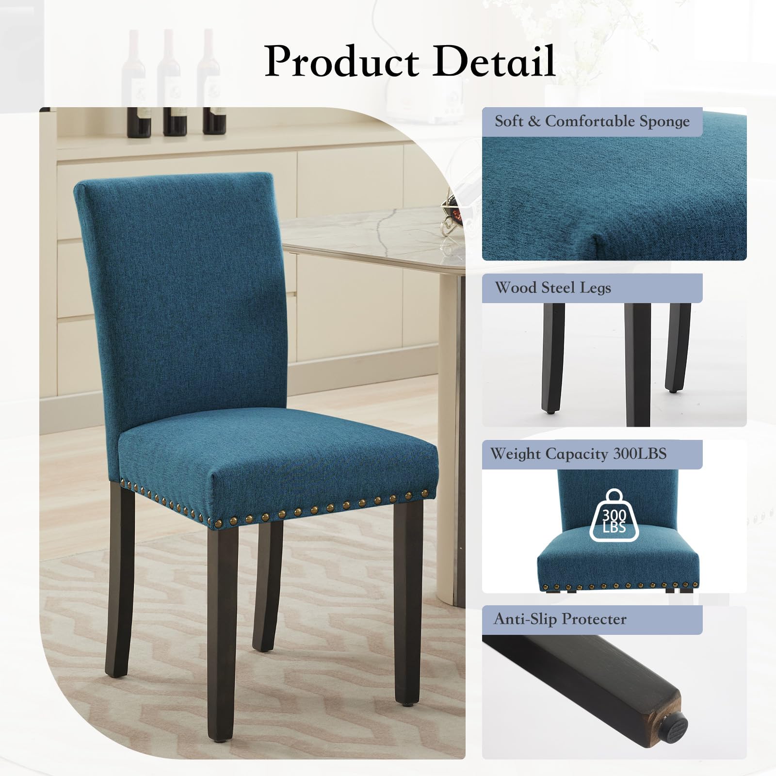 Ensemble de 2 chaises de salle à manger Garvee, revêtues de tissu ergonomique en lin bleu foncé, pour salon et salle à manger.