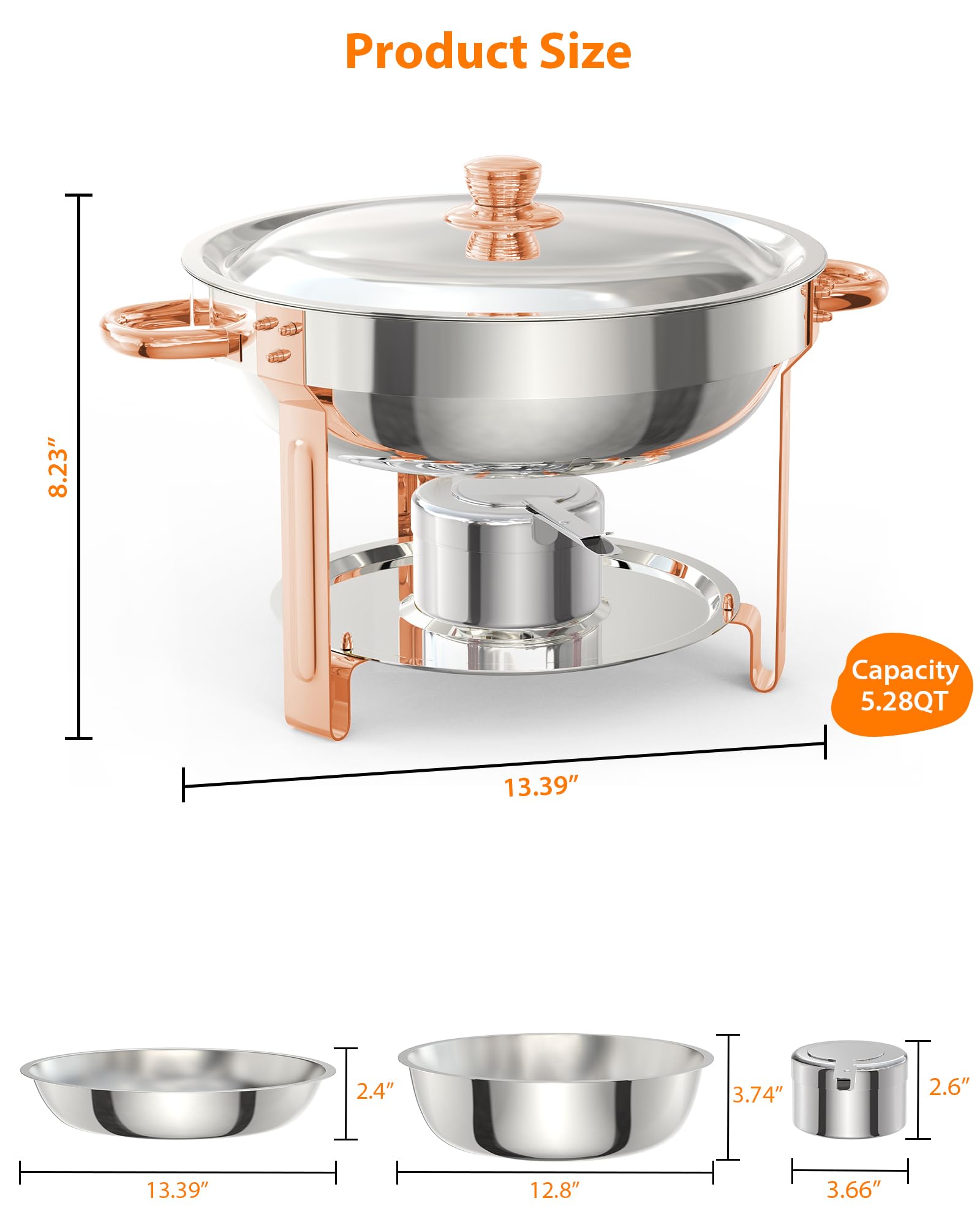 Garvee Lot de 2 plateaux chauffants pour buffet, 5 L, en acier inoxydable, couleur or rose, pour fêtes, mariages et événements
