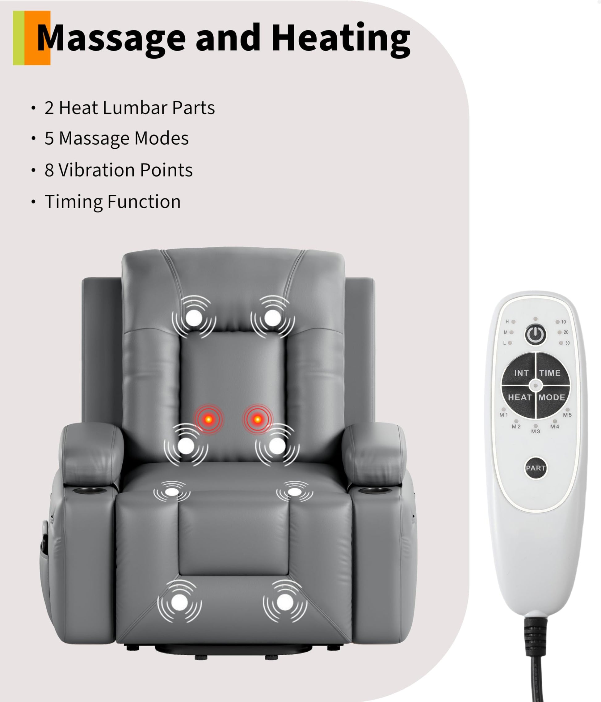 Fauteuil releveur électrique Garvee avec fonction chauffante et massante, réglable, revêtement en similicuir, pour seniors et personnes à mobilité réduite, 98 x 95 x 103 cm, noir