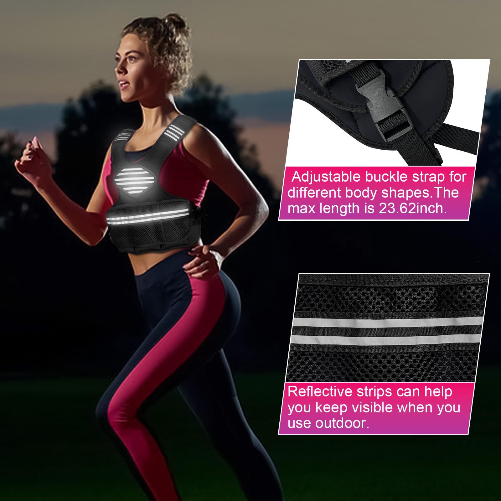 Gilet lesté ajustable Garvee pour femme, 2,7 à 9 kg, avec poids de sable en fer, bandes réfléchissantes, néoprène, ceinture ajustable pour le jogging et la musculation, noir confortable