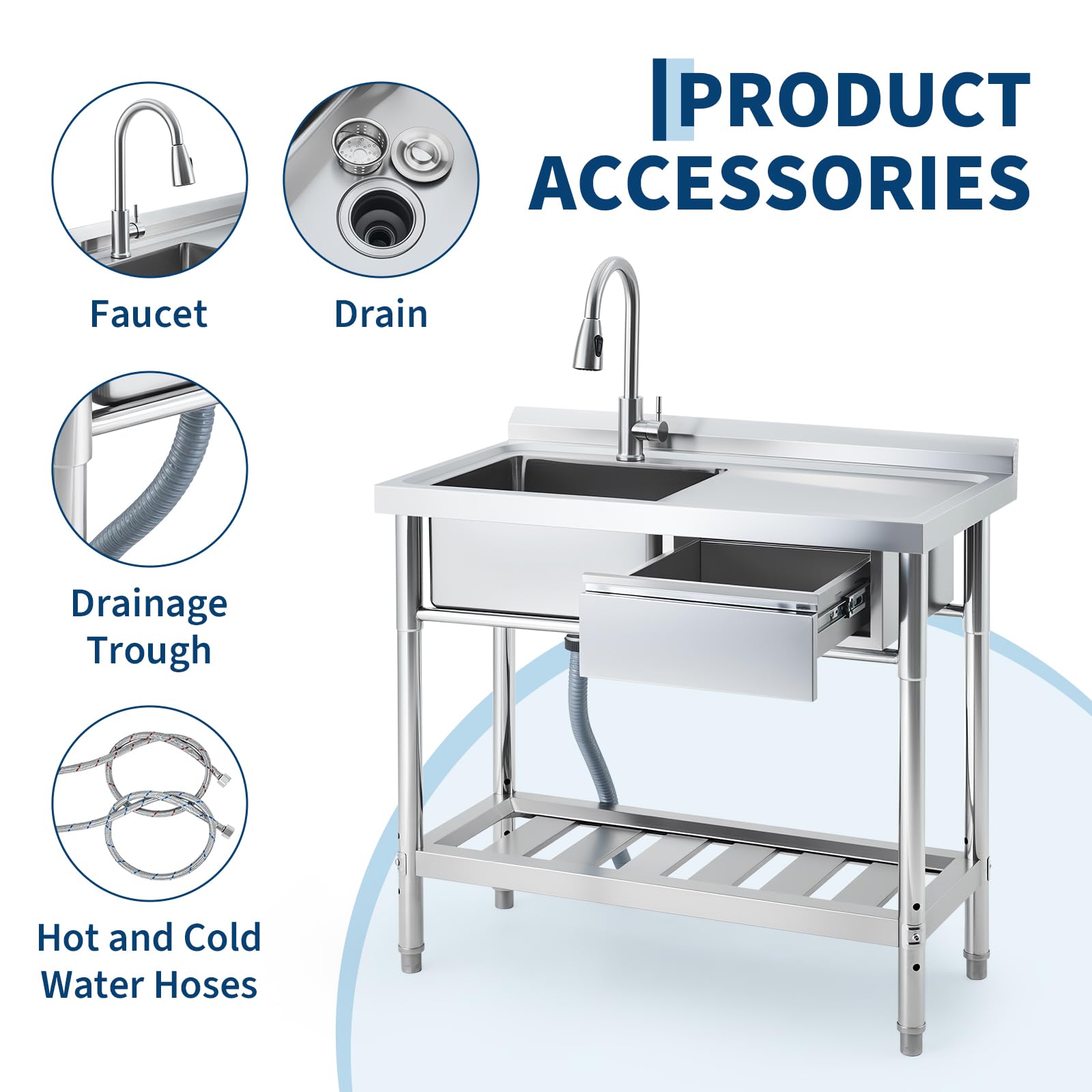 Garvee Évier commercial en acier inoxydable 99 x 50 x 94 cm avec robinet pivotant 360°, cuve profonde, tiroir de rangement et étagère réglable pour cuisine et buanderie