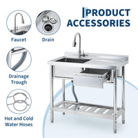 Garvee Évier commercial en acier inoxydable 99 x 50 x 94 cm avec robinet pivotant 360°, cuve profonde, tiroir de rangement et étagère réglable pour cuisine et buanderie
