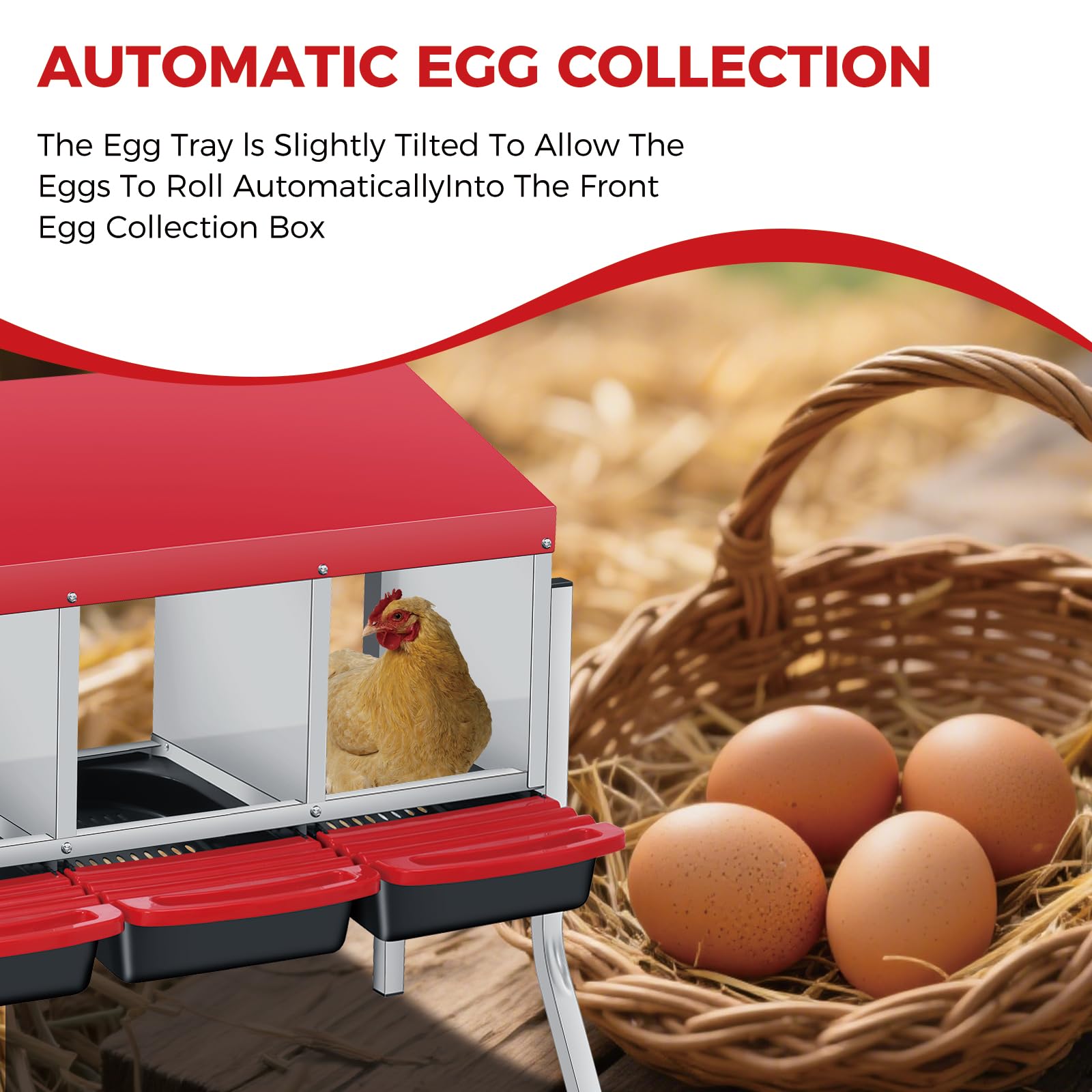 Garvee Nichoir pour Poules 4 Compartiments avec Support, Métal Galvanisé au Zinc avec Poignée en Plastique, Plateau Amovible, Rouge