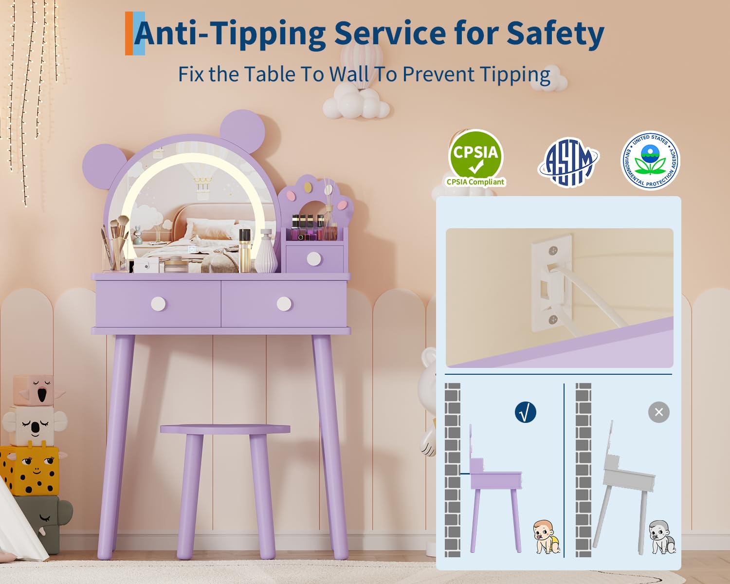 Ensemble coiffeuse pour enfants Garvee avec lumière LED, miroir ours, rangement, bois MDF, violet, pour chambre et salle de jeux