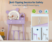 Ensemble coiffeuse pour enfants Garvee avec lumière LED, miroir ours, rangement, bois MDF, violet, pour chambre et salle de jeux