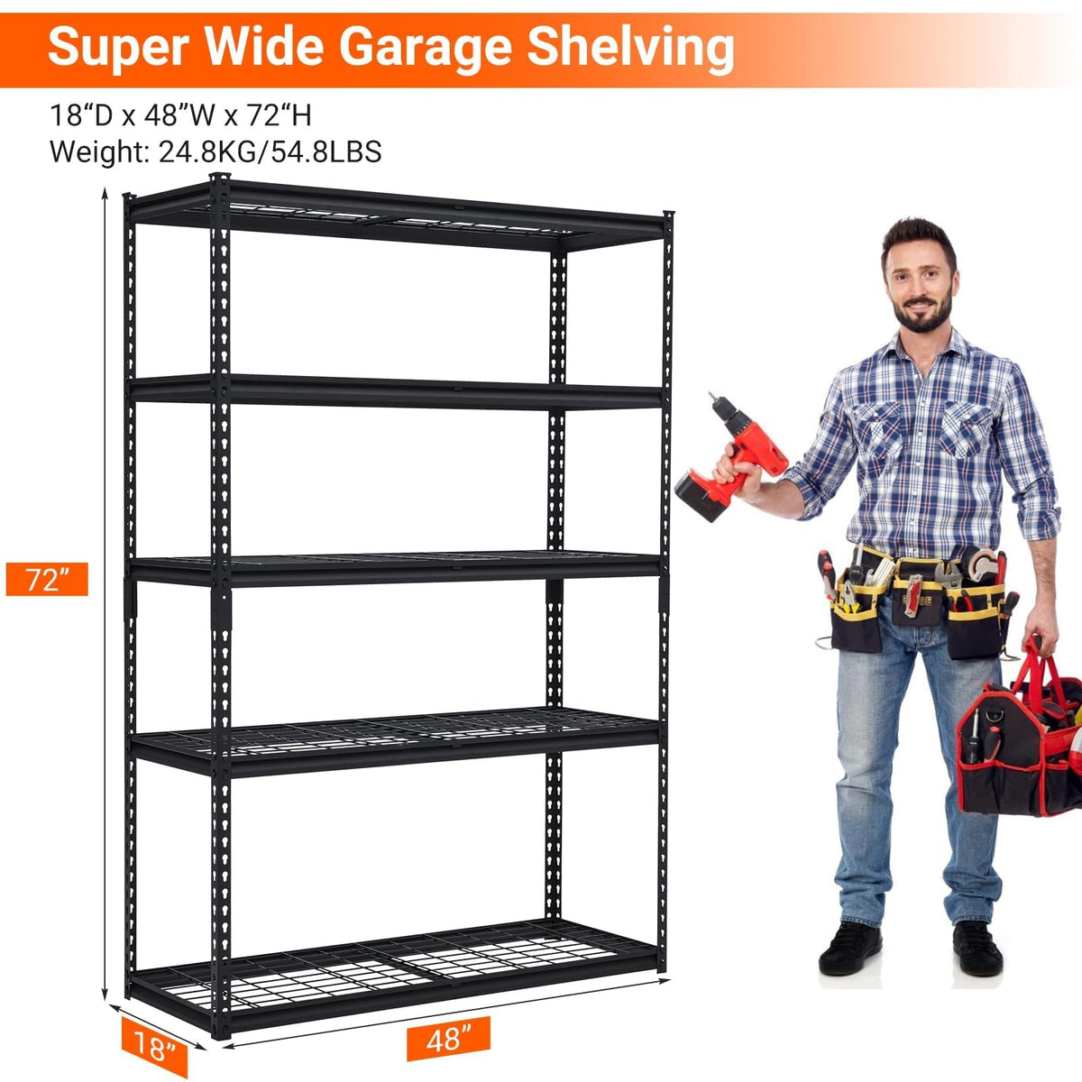Garvee Étagère de garage métallique à 5 niveaux, réglable et robuste, pour atelier/entrepôt, 122 x 46 x 183 cm, noire