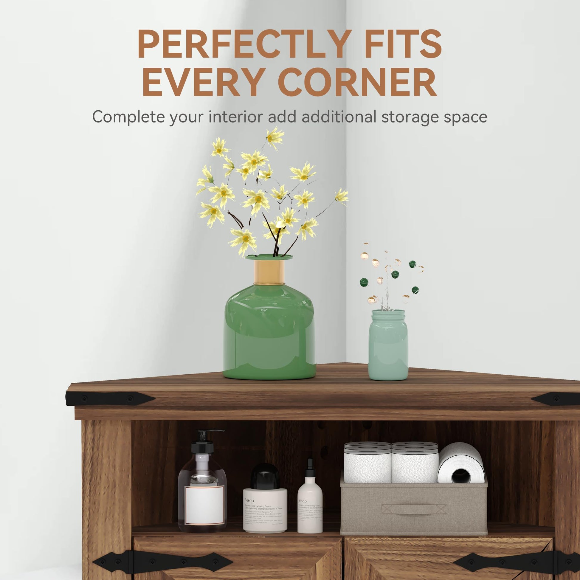 Meuble de salle de bain d'angle Garvee avec portes coulissantes de style grange, étagères réglables, MDF, grand espace de rangement, conception robuste, marron, idéal pour les petits espaces