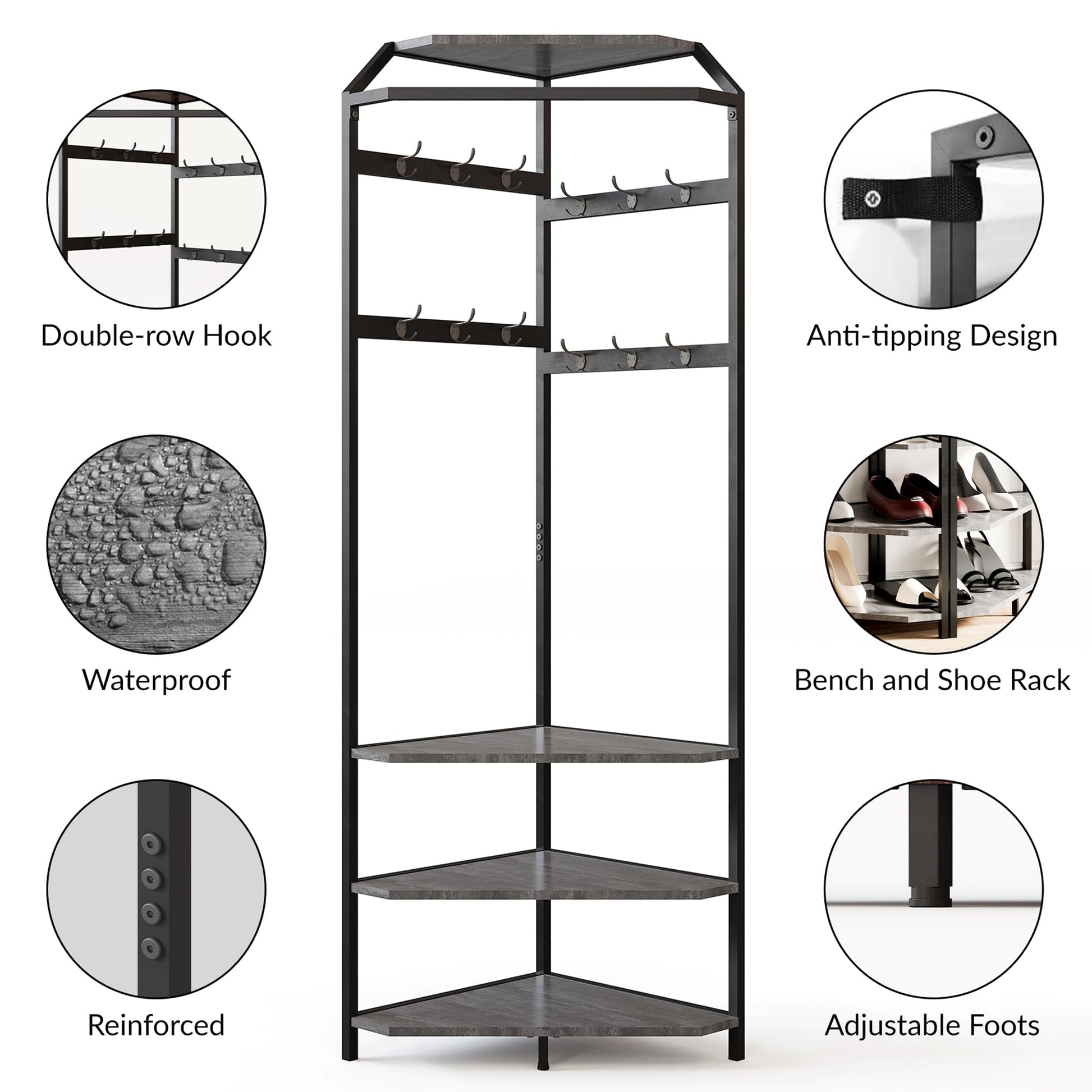 Armoire d'angle Garvee avec banc à chaussures et 12 crochets doubles pour entrée et couloir, en bois, gain de place, robuste et fonctionnelle.