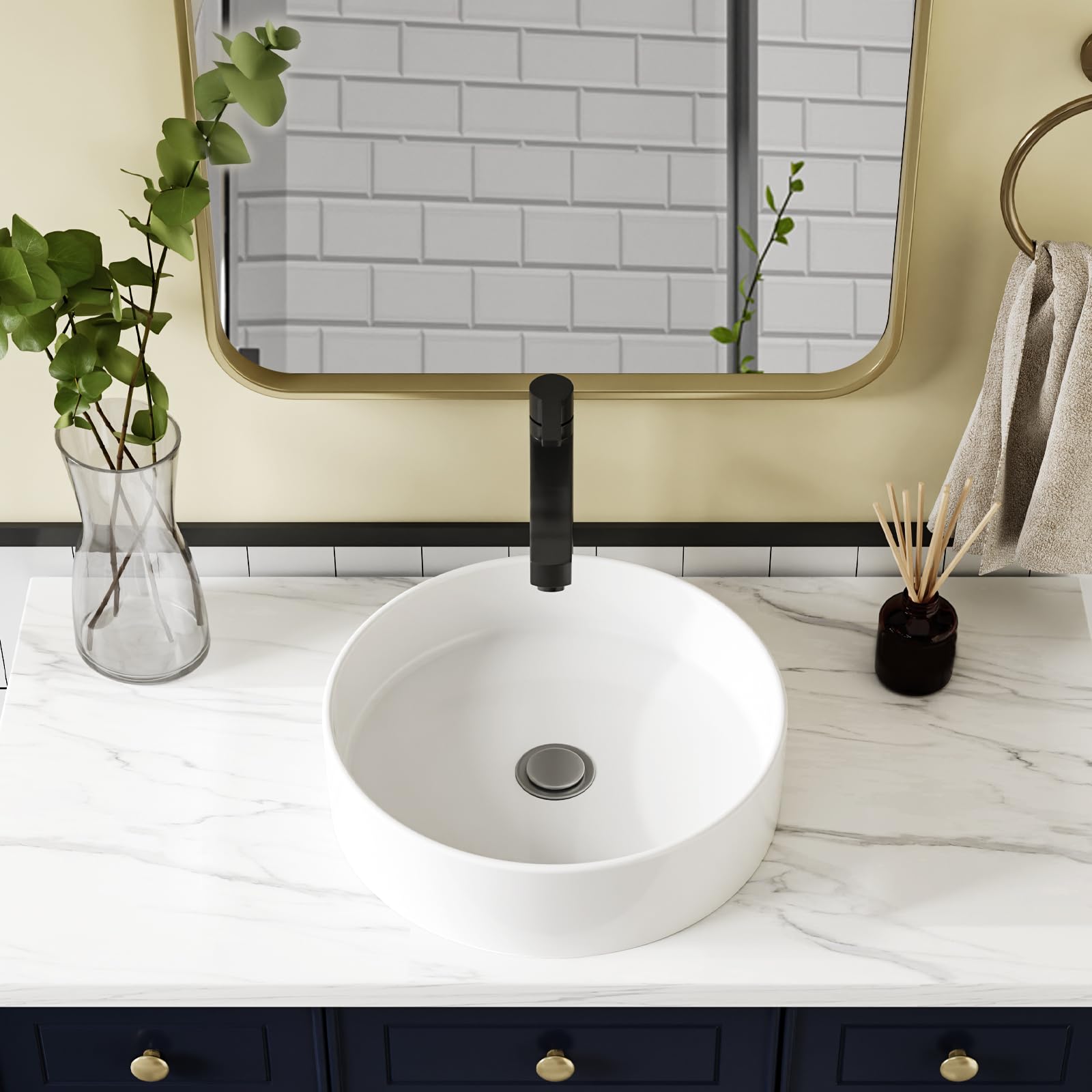 Lavabo rond Garvee 45,7 x 45,7 cm en céramique blanche moderne émaillée résistante aux rayures pour salle de bain et bar