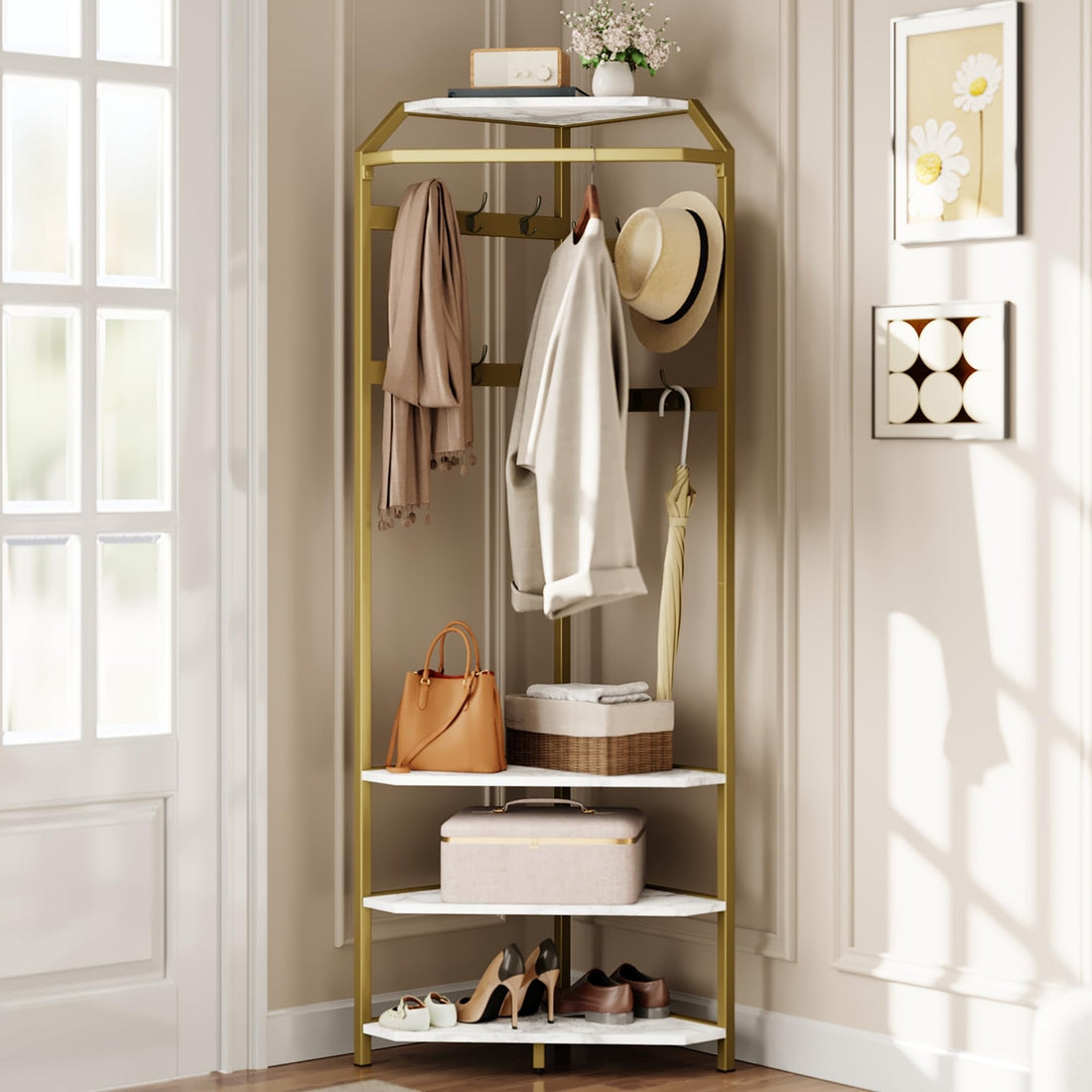 Armoire d'angle Garvee avec banc à chaussures et 6 crochets doubles, solution de rangement 3 en 1 pour entrée et couloir, 51 x 51 x 180 cm, doré 02, gain de place