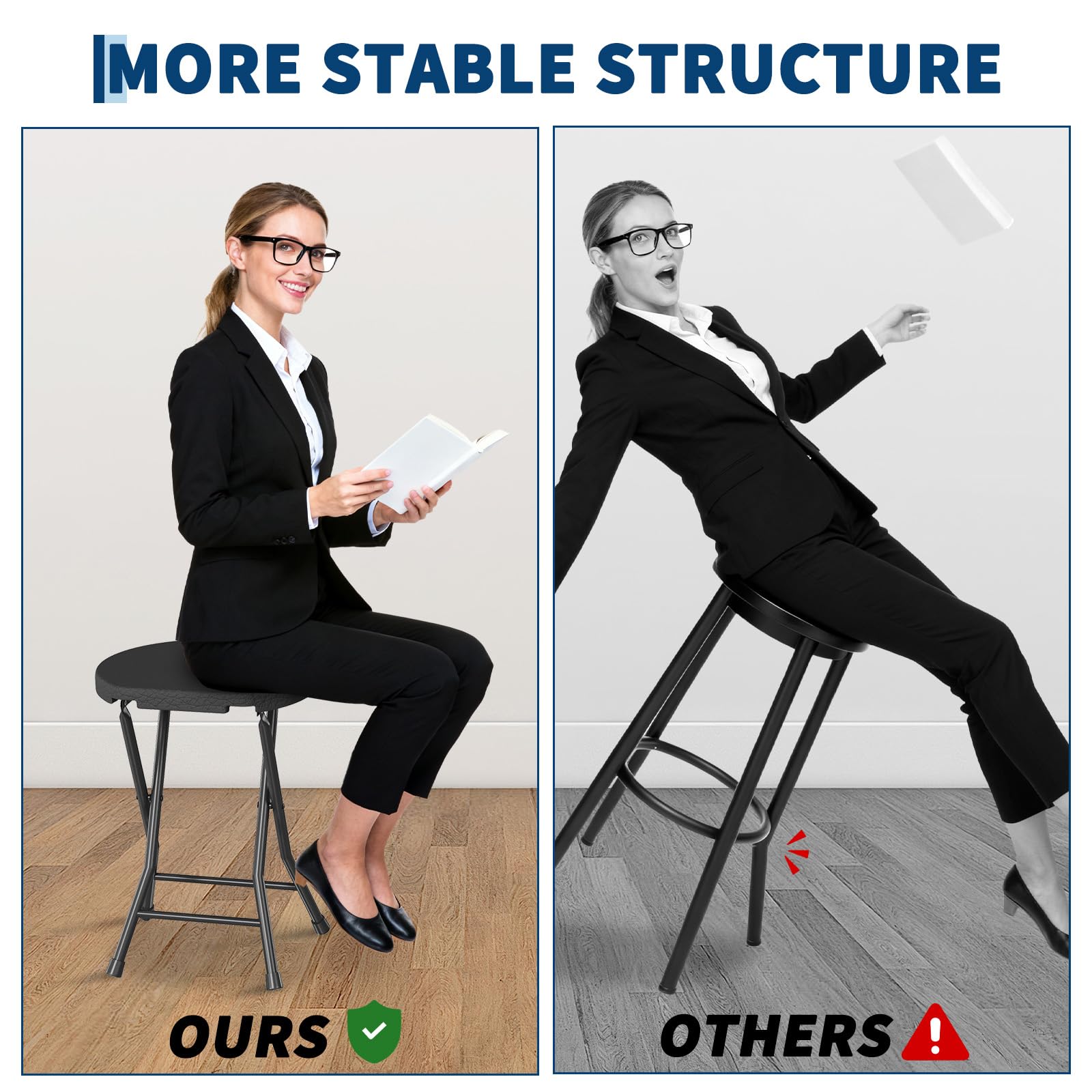 Tabouret pliant Garvee avec poignée, portable, capacité de charge de 272 kg, pieds antidérapants, structure en acier pour le camping et la cuisine, léger et pliable, noir