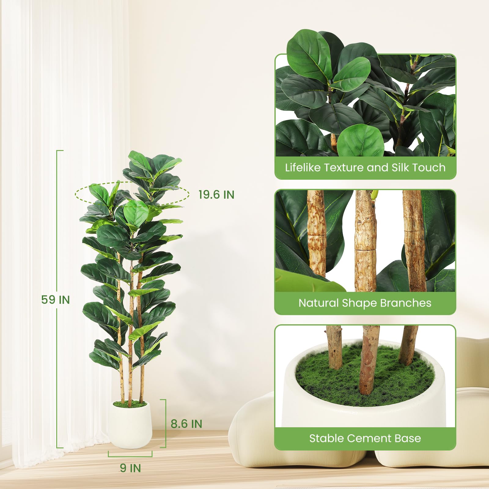 Garvee Ficus Lyrata artificiel 152 cm, feuilles réalistes, pot blanc et PVC résistant à l’eau, pour maison et bureau