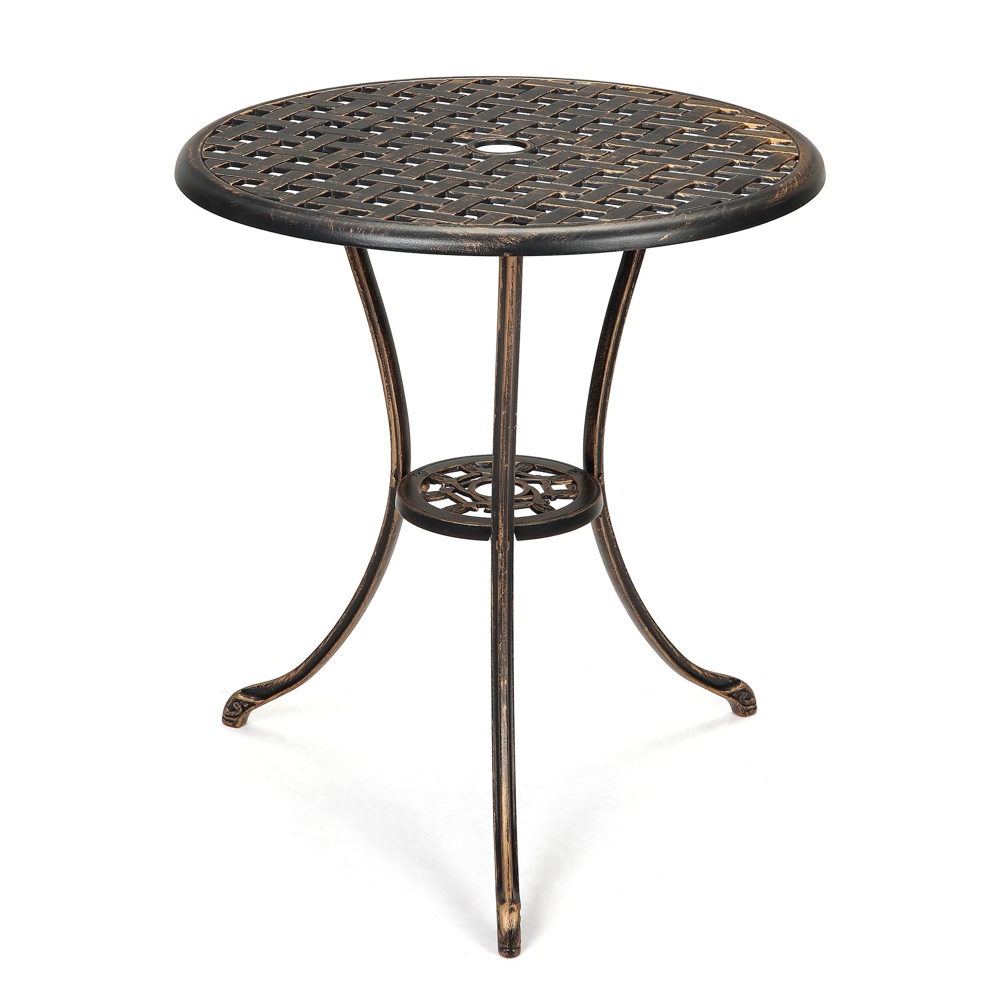 Table bistro Garvee 24" en aluminium avec trou pour parasol, antirouille, bronze vieilli, idéale pour le jardin et le balcon, robuste et légère.