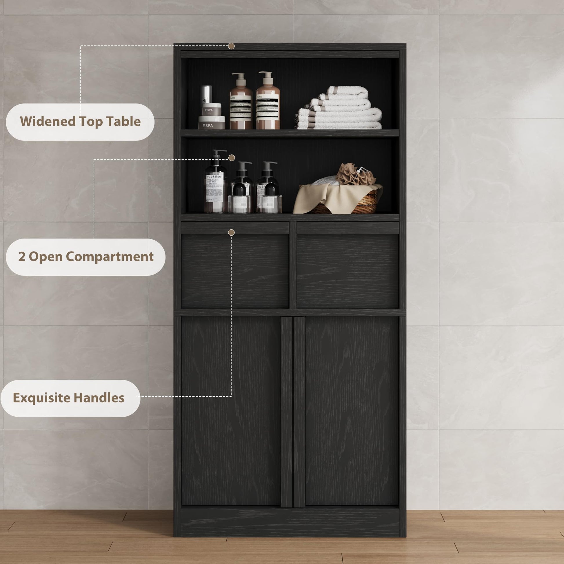 Armoire de salle de bain haute Garvee 130 cm (51 po) avec 2 tiroirs et portes, MDF, imperméable et résistant aux rayures, noir, polyvalente pour la salle de bain et le salon