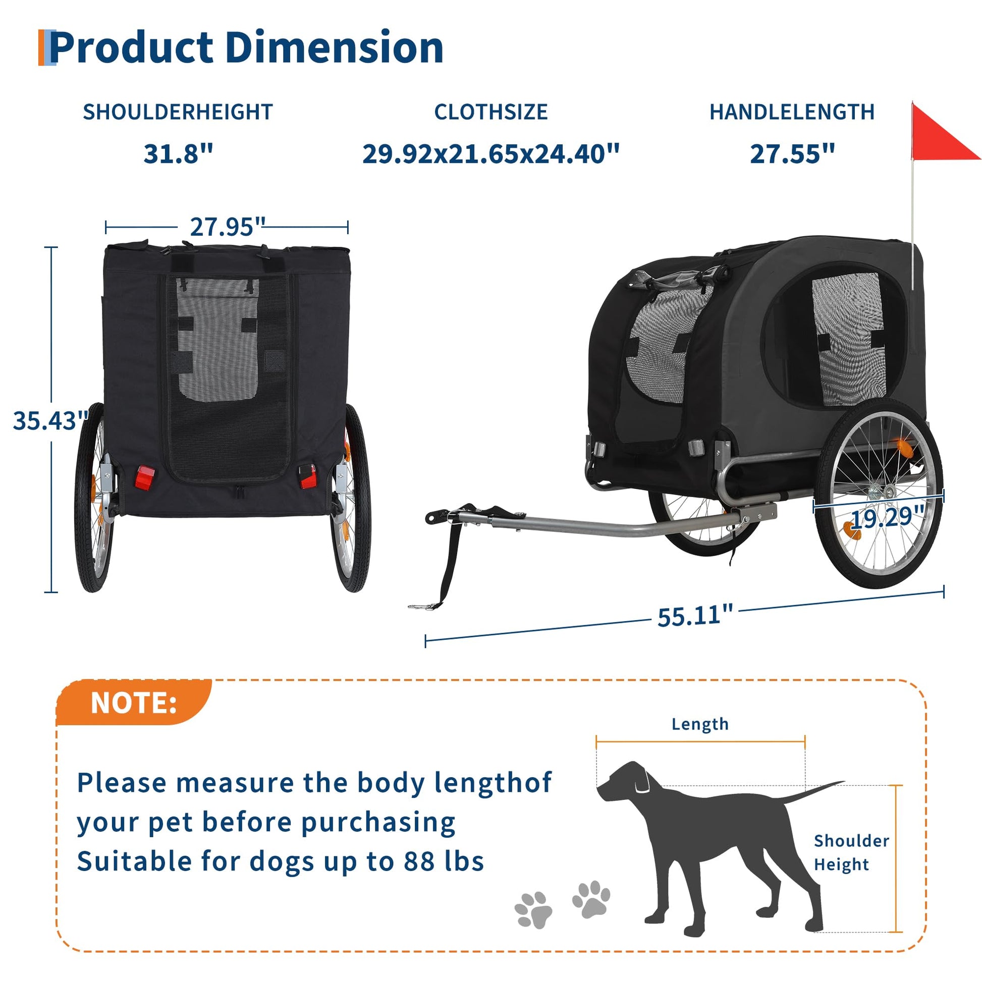 Sac de transport pour chien Garvee pour vélo, capacité de 40 kg, avec pneus pneumatiques de 48 cm, pour chiens moyens à grands, idéal pour les aventures en plein air, pliable, en Oxford 600D, noir
