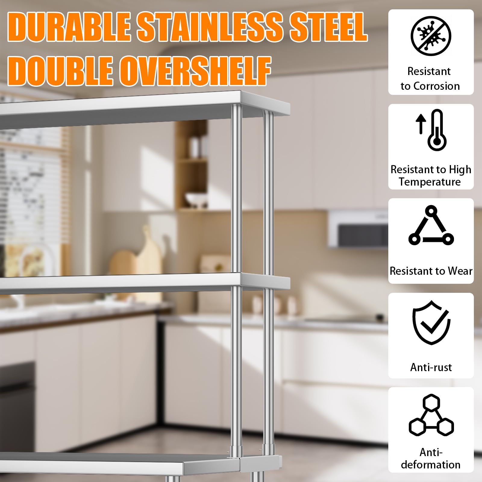 Étagère double supérieure Garvee en acier inoxydable 12 x 48 pouces, réglable, à 2 niveaux, pour cuisine et atelier, résistante à la rouille et robuste.