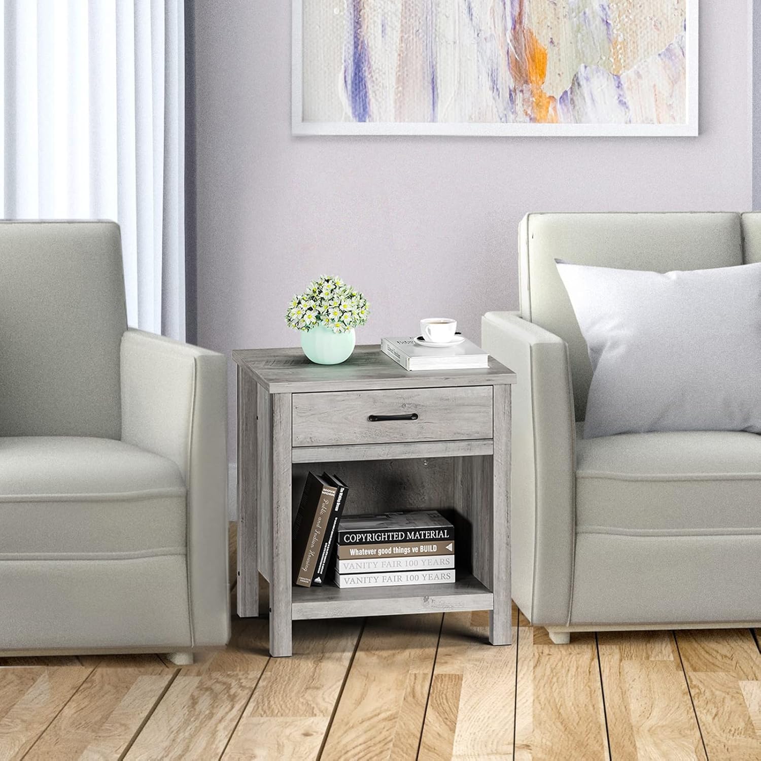 Table de chevet carrée Garvee avec rangement, gris bois, pour chambre et salon, fonctionnalité moderne