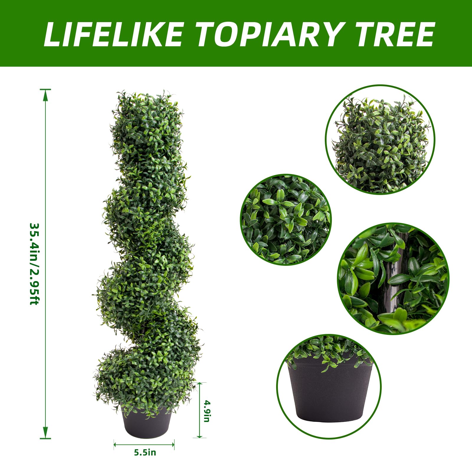 Garvee Lot de 2 buis artificiels en spirale de 89 cm, PE résistant aux UV, pots en plastique, entretien facile, pour jardin et porche