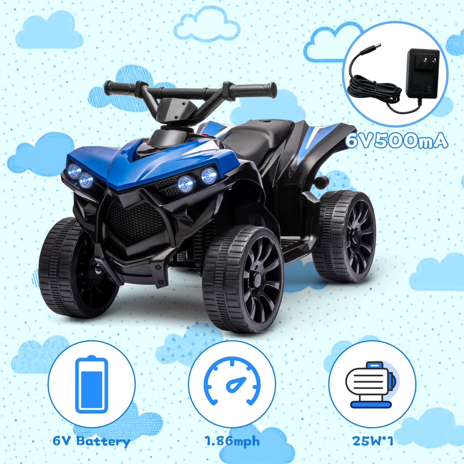 Garvee Quad électrique enfant 6 V avec éclairage LED, musique et conduite sécurisée, bleu, dès 3 ans