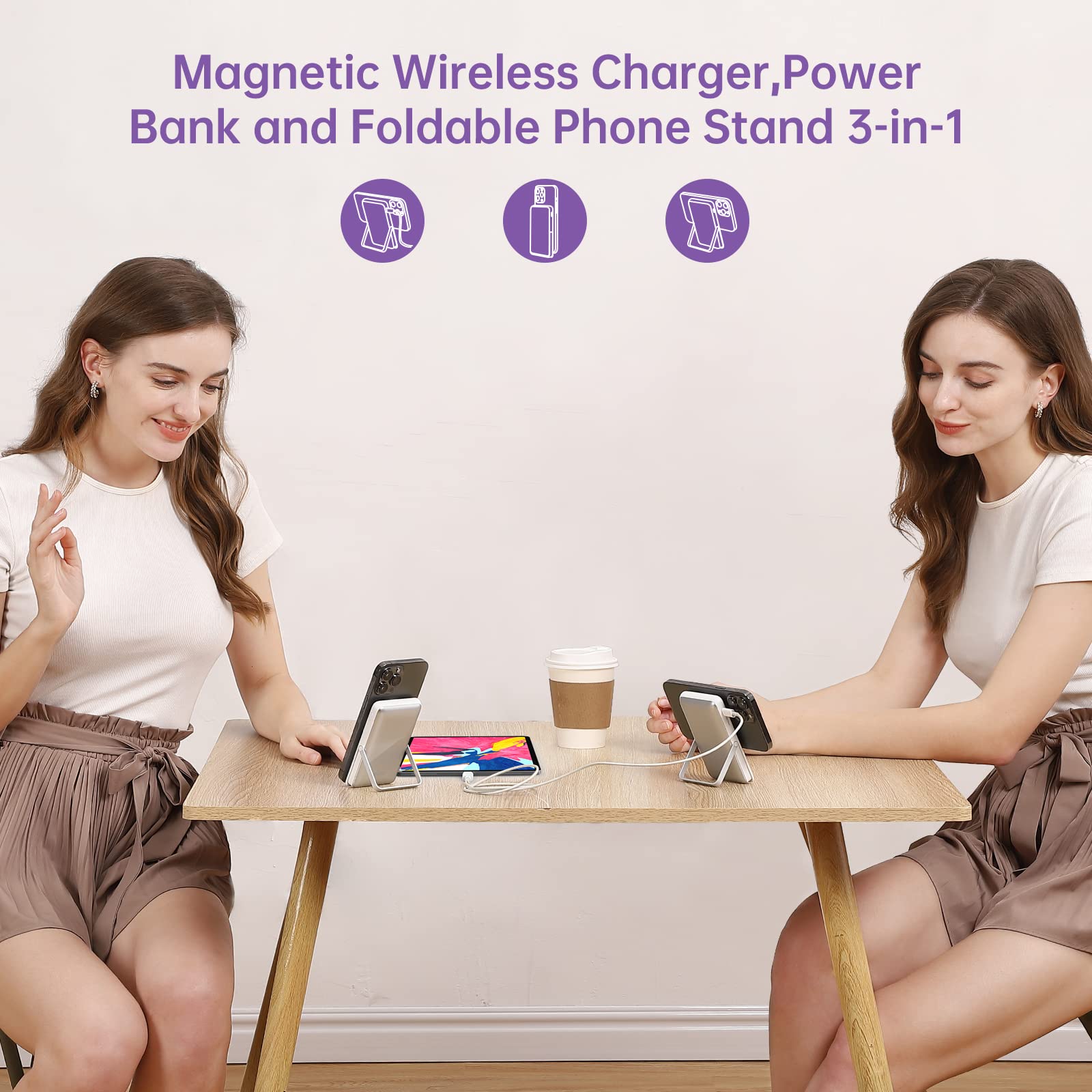 Garvee Chargeur portable sans fil 10 000 mAh, magnétique, charge rapide PD 20 W, support en métal léger, compatible avec iPhone 12-15, idéal pour les voyages.